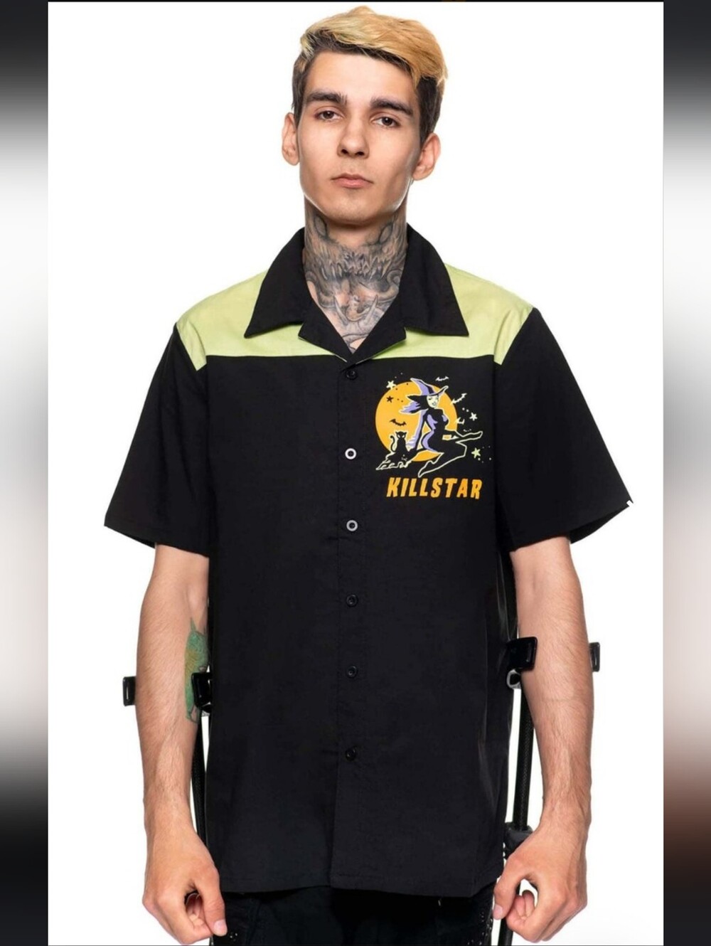 Killstar Black & Lime Graphic Short-Sleeve Button-Down Shirt